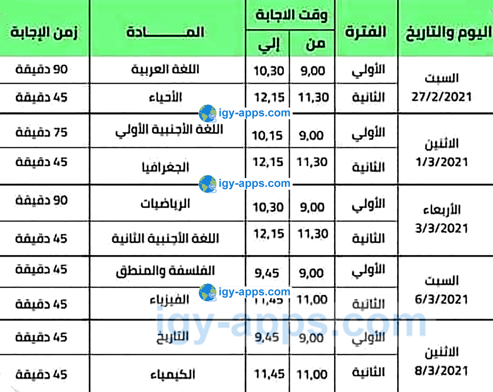 جدول الصف الأول الثانوي للفصل الدراسي الأول لعام 2020-2021