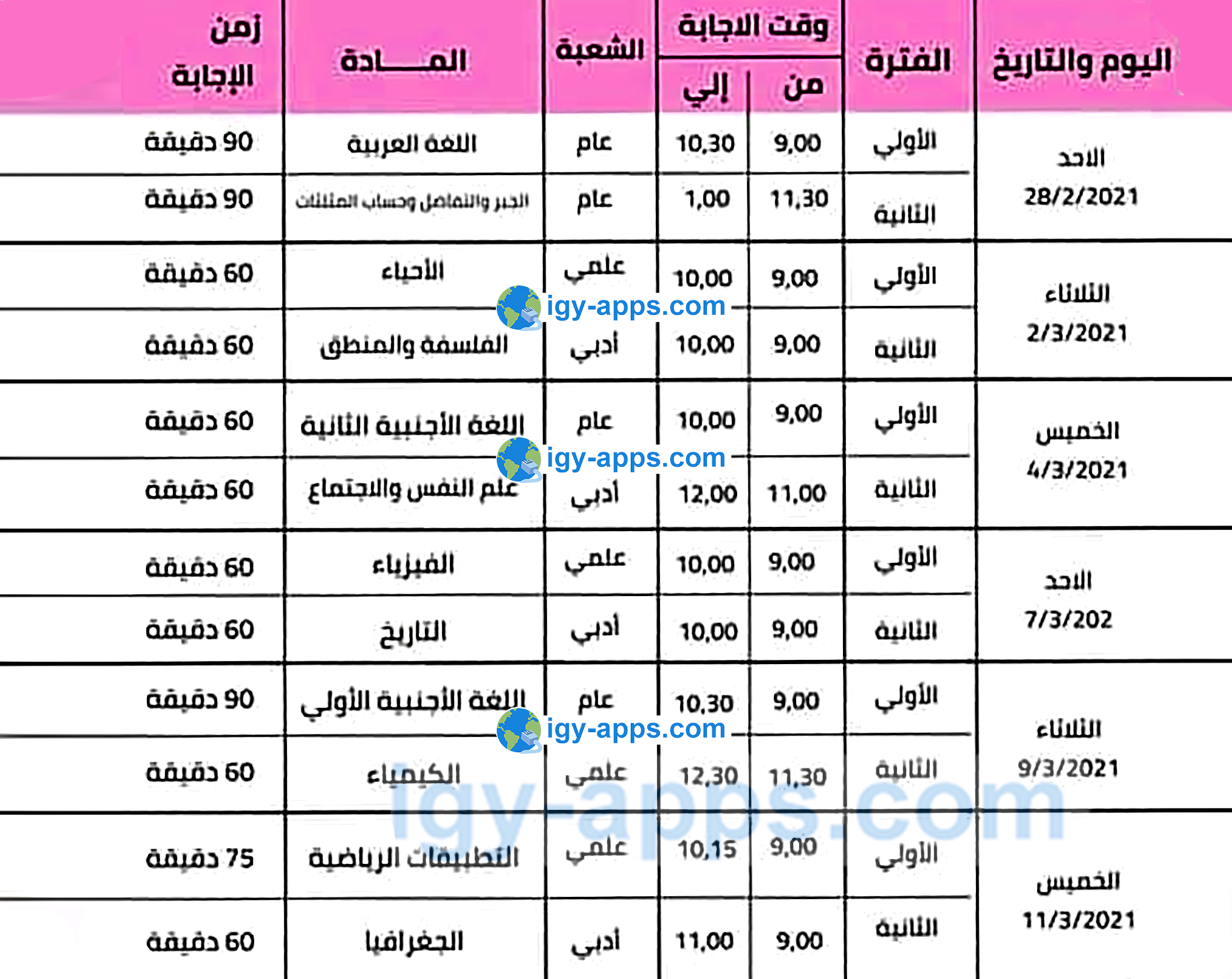 جدول الصف الثاني الثانوي للفصل الدراسي الأول لعام 2020-2021