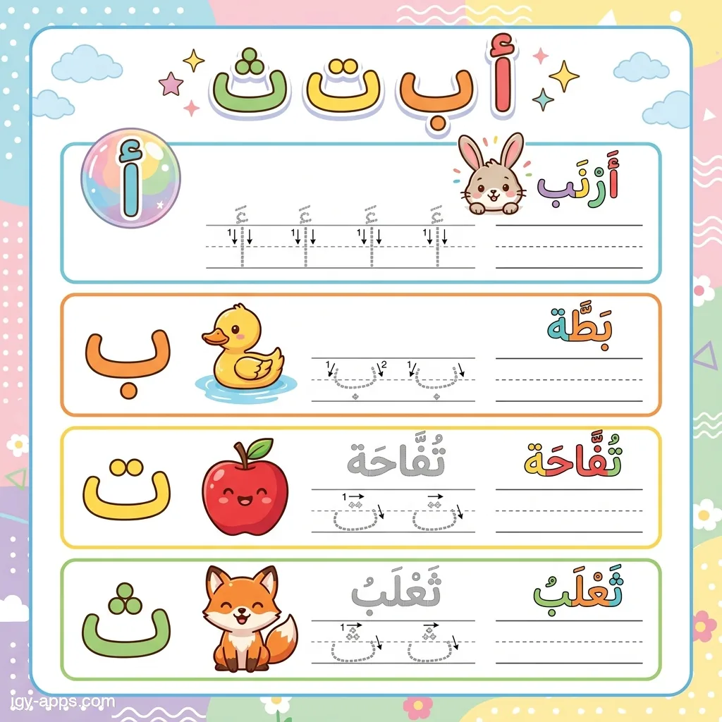 ورقة عمل الحروف أ ب ت ث مع صور توضيحية