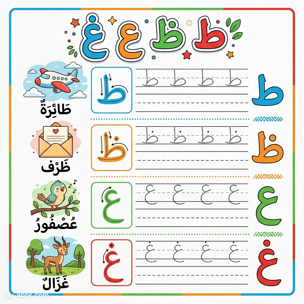 ورقة عمل الحروف ط ظ ع غ مع صور الطائرة والظرف والعصفور والغزال