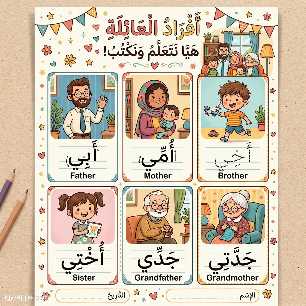 ورقة إملاء أفراد العائلة — أبي، أمي، أخي، أختي، جدي، جدتي